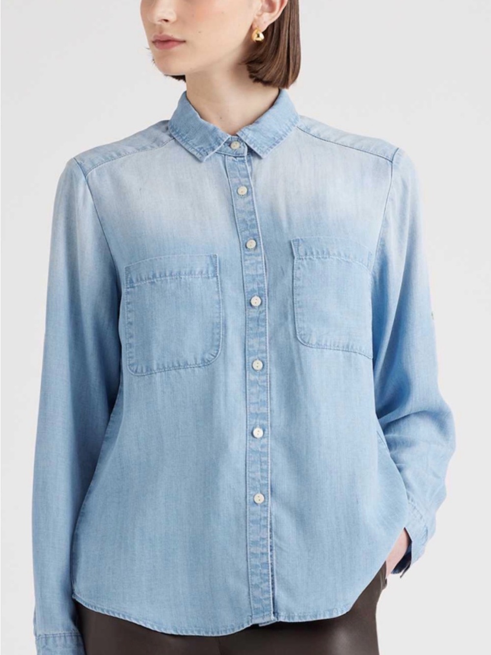Quince Chambray Tencel Long Sleeve Button Down Shirt Light Indigo Large